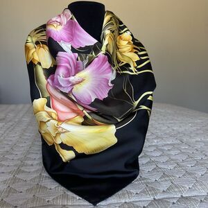 Salvatore Ferragamo Black Silk Floral Luxury Scarf Designer Money Flowers